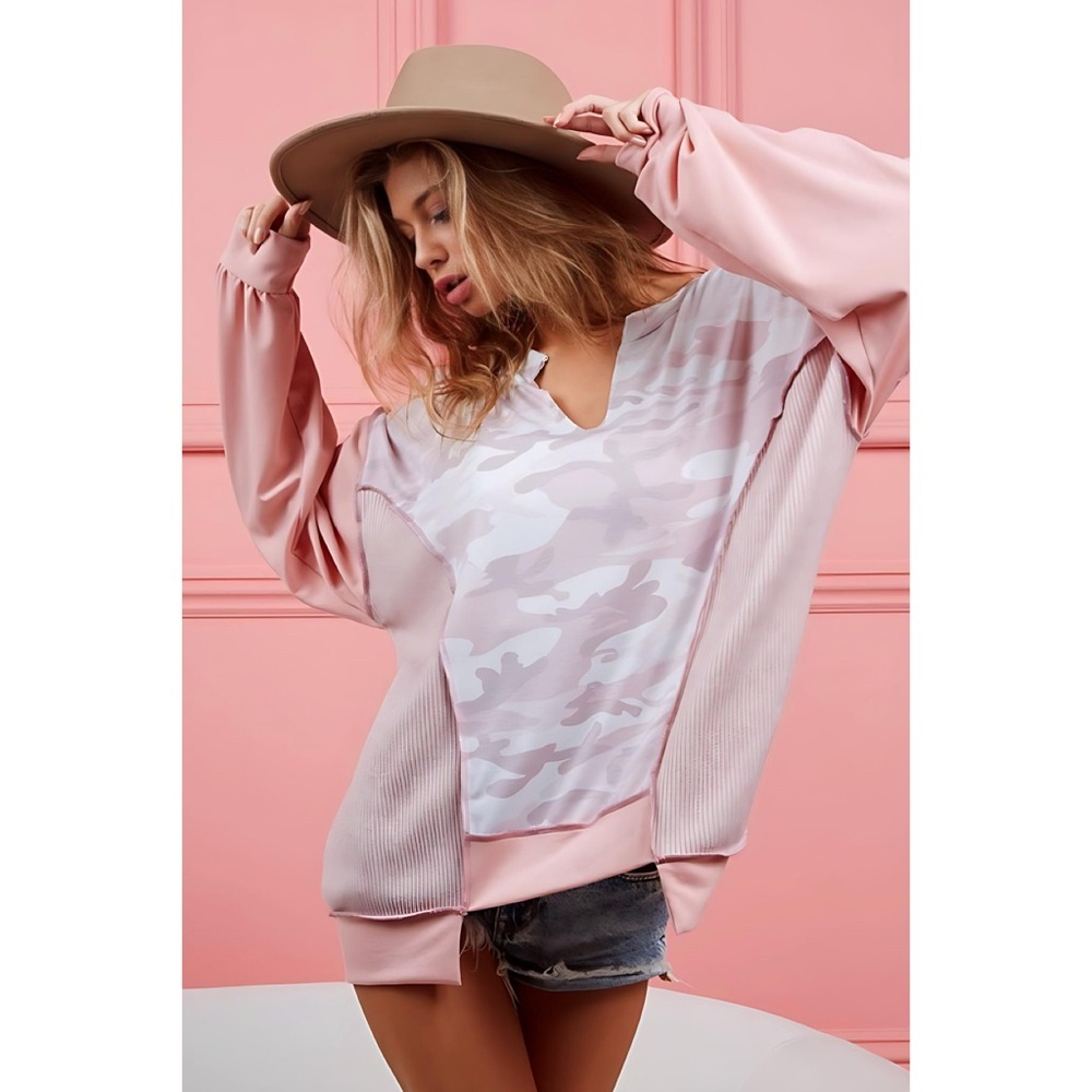 NEW! BiBi CAMO MAUVE FRENCH TERRY COLOR BLOCK W/OUT STITCH DETAIL UNEVEN HEM TOP